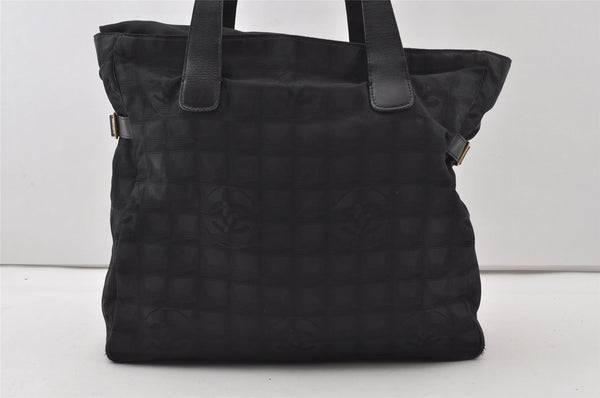 Authentic CHANEL New Travel Line Shoulder Tote Bag Nylon Leather Black 0818J