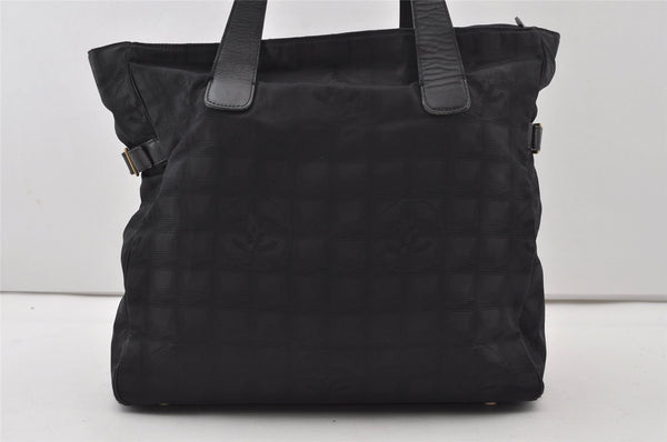 Authentic CHANEL New Travel Line Shoulder Tote Bag Nylon Leather Black 0818J