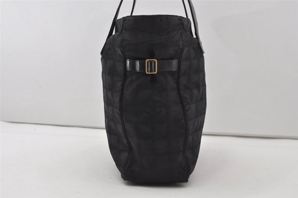 Authentic CHANEL New Travel Line Shoulder Tote Bag Nylon Leather Black 0818J