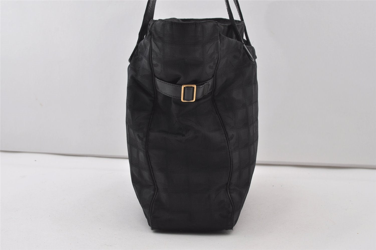 Authentic CHANEL New Travel Line Shoulder Tote Bag Nylon Leather Black 0818J