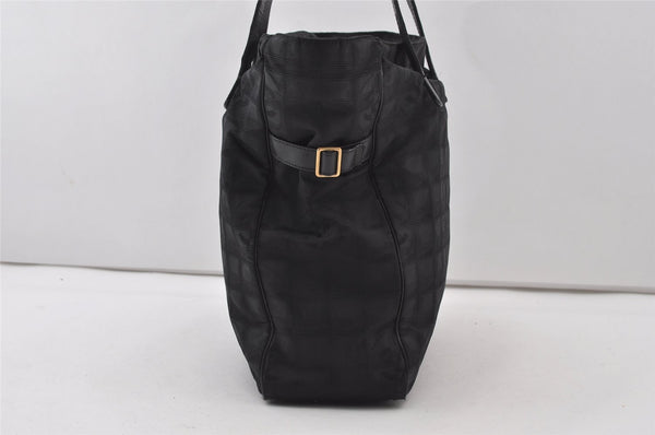 Authentic CHANEL New Travel Line Shoulder Tote Bag Nylon Leather Black 0818J