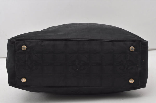 Authentic CHANEL New Travel Line Shoulder Tote Bag Nylon Leather Black 0818J