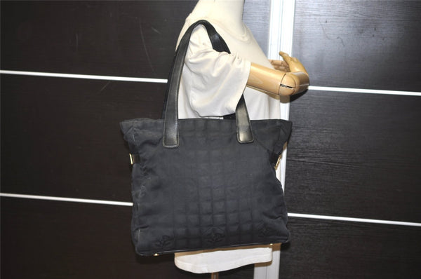 Authentic CHANEL New Travel Line Shoulder Tote Bag Nylon Leather Black 0818J