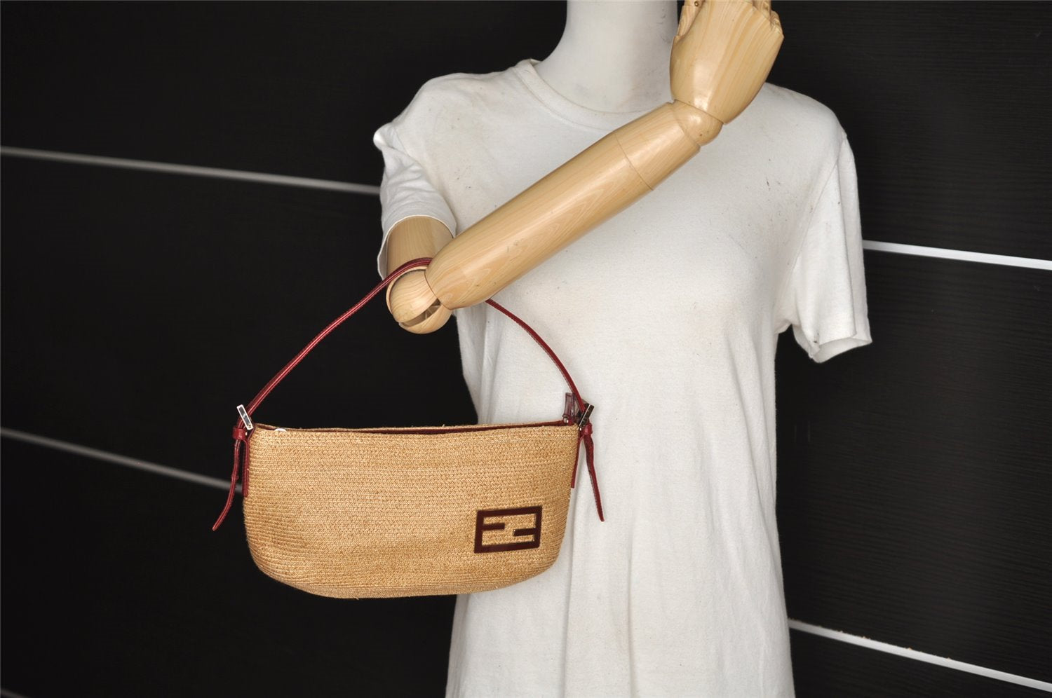 Authentic FENDI Vintage Shoulder Hand Bag Purse Straw Leather Beige 0819J