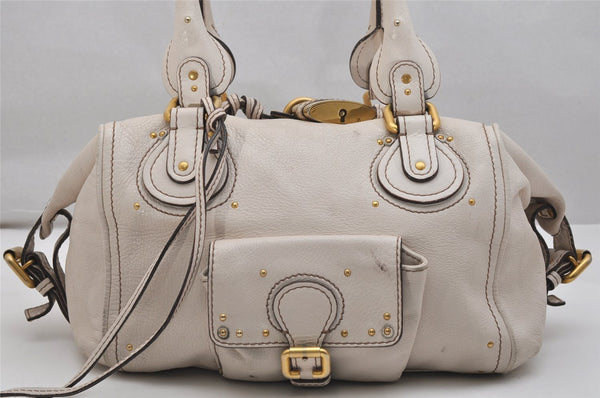 Authentic Chloe Vintage Paddington Leather Shoulder Hand Bag White 0819K