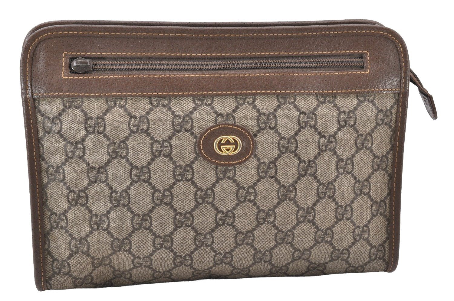 Authentic GUCCI Vintage Clutch Hand Bag Purse GG PVC Leather Brown Junk 0822J