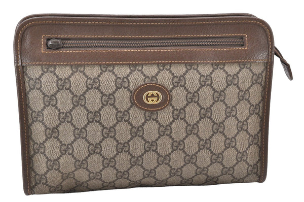 Authentic GUCCI Vintage Clutch Hand Bag Purse GG PVC Leather Brown Junk 0822J