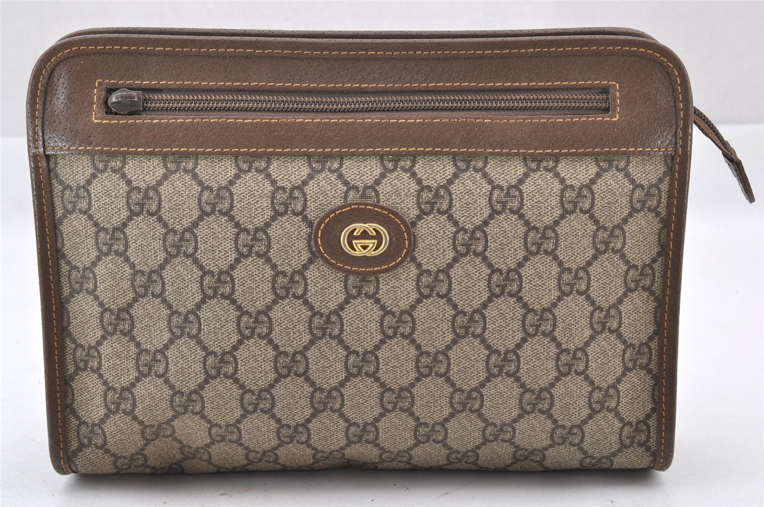 Authentic GUCCI Vintage Clutch Hand Bag Purse GG PVC Leather Brown Junk 0822J