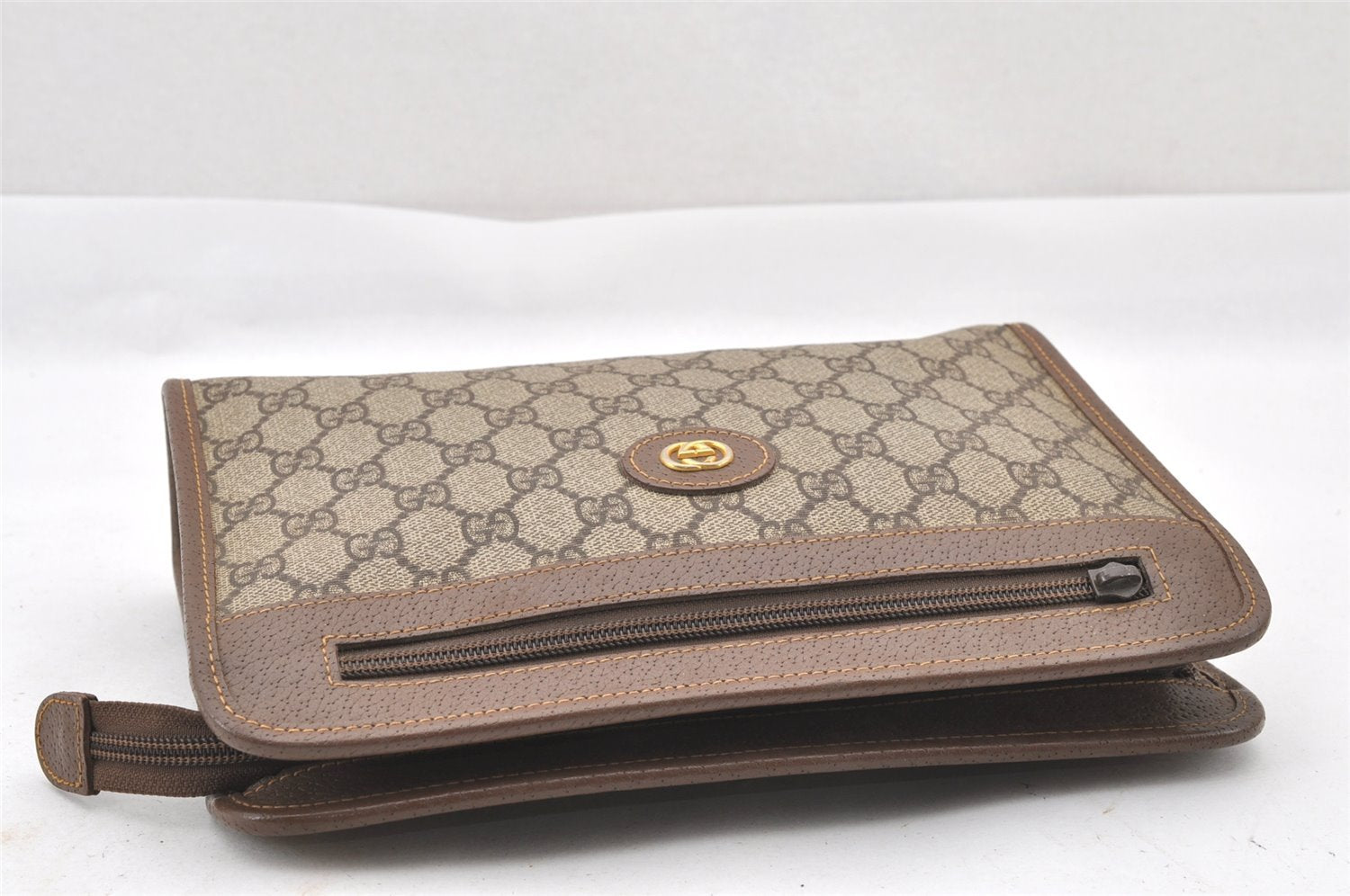 Authentic GUCCI Vintage Clutch Hand Bag Purse GG PVC Leather Brown Junk 0822J