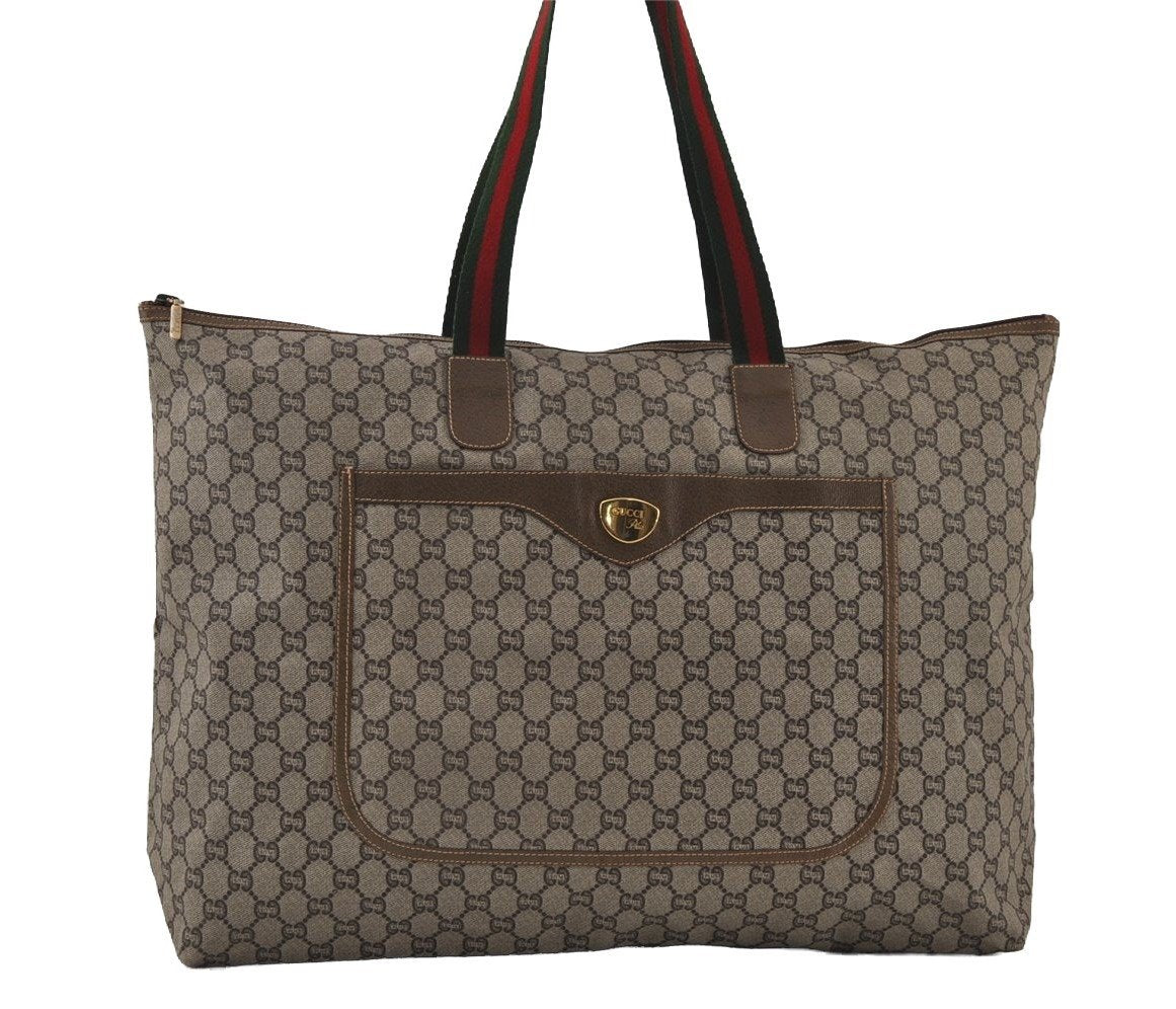 Authentic GUCCI Web Sherry Line GG Plus Tote Bag GG PVC Leather Brown 0824J