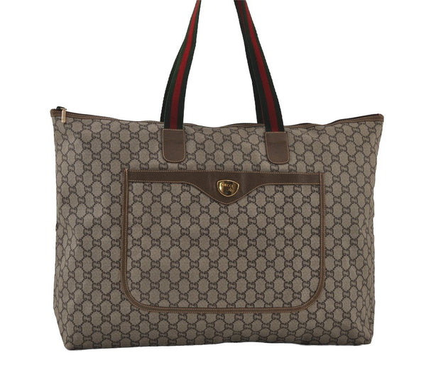 Authentic GUCCI Web Sherry Line GG Plus Tote Bag GG PVC Leather Brown 0824J
