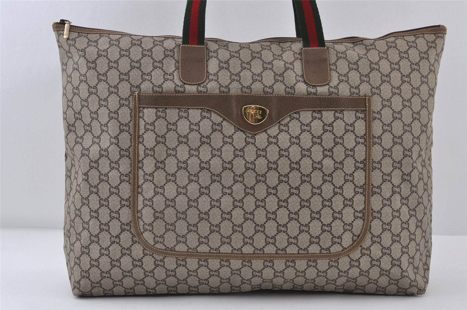 Authentic GUCCI Web Sherry Line GG Plus Tote Bag GG PVC Leather Brown 0824J