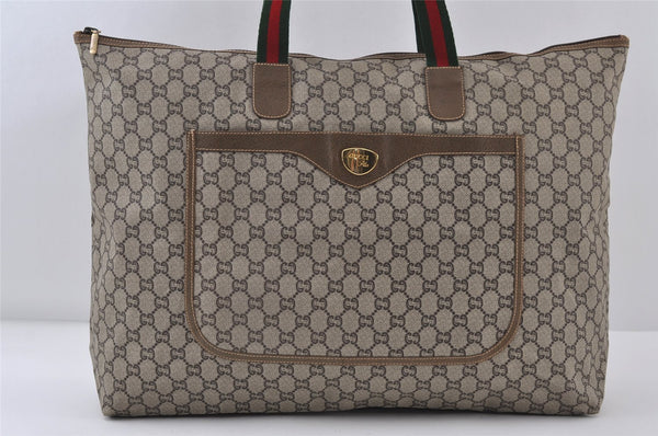 Authentic GUCCI Web Sherry Line GG Plus Tote Bag GG PVC Leather Brown 0824J