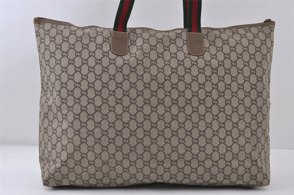 Authentic GUCCI Web Sherry Line GG Plus Tote Bag GG PVC Leather Brown 0824J