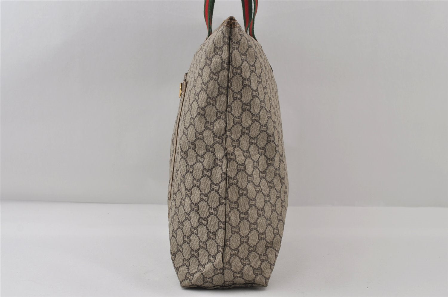 Authentic GUCCI Web Sherry Line GG Plus Tote Bag GG PVC Leather Brown 0824J