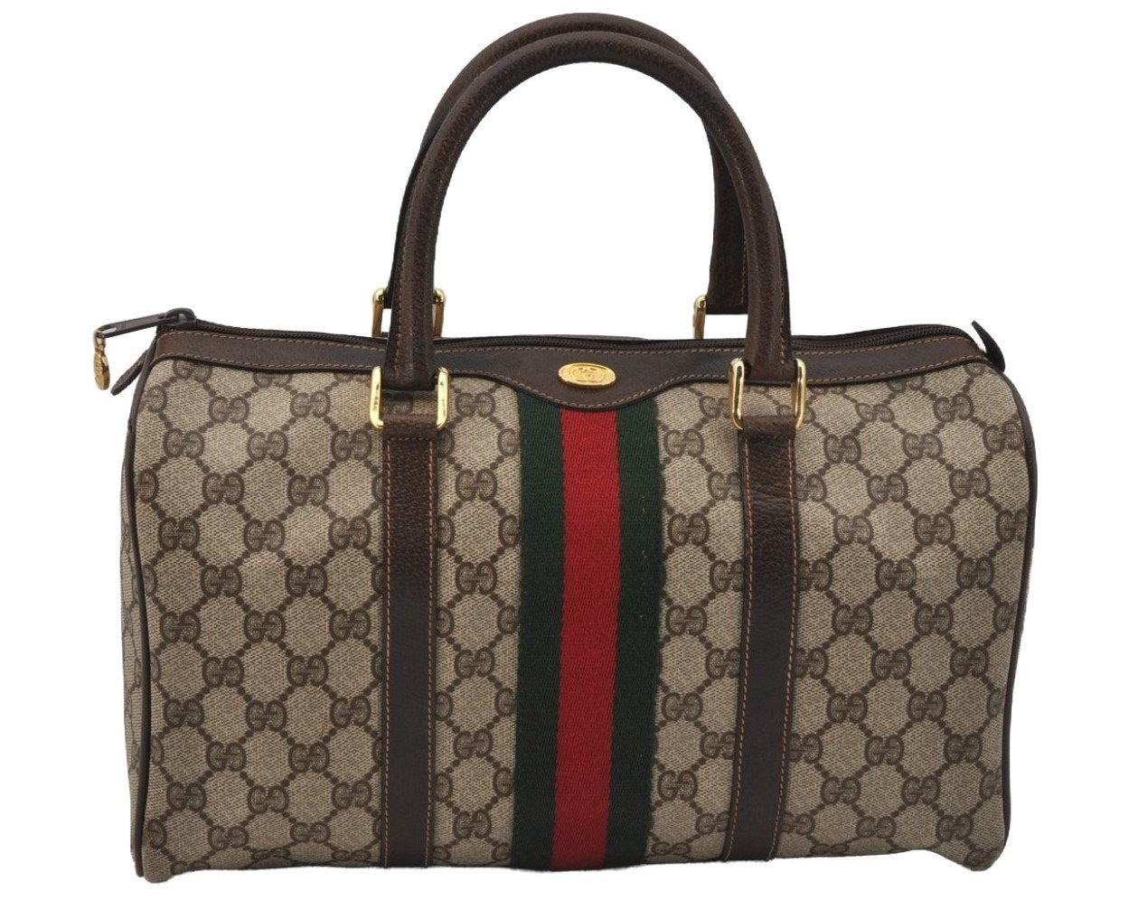 Authentic GUCCI Web Sherry Line Hand Boston Bag GG PVC Leather Brown Junk 0825J