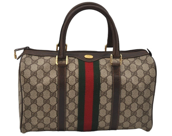 Authentic GUCCI Web Sherry Line Hand Boston Bag GG PVC Leather Brown Junk 0825J