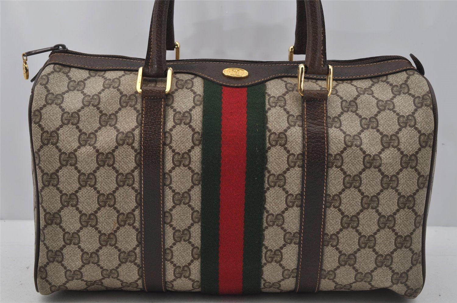 Authentic GUCCI Web Sherry Line Hand Boston Bag GG PVC Leather Brown Junk 0825J
