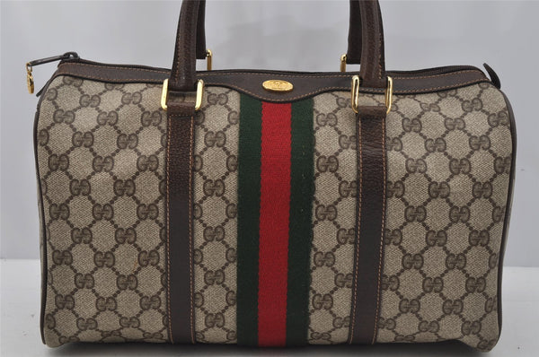 Authentic GUCCI Web Sherry Line Hand Boston Bag GG PVC Leather Brown Junk 0825J