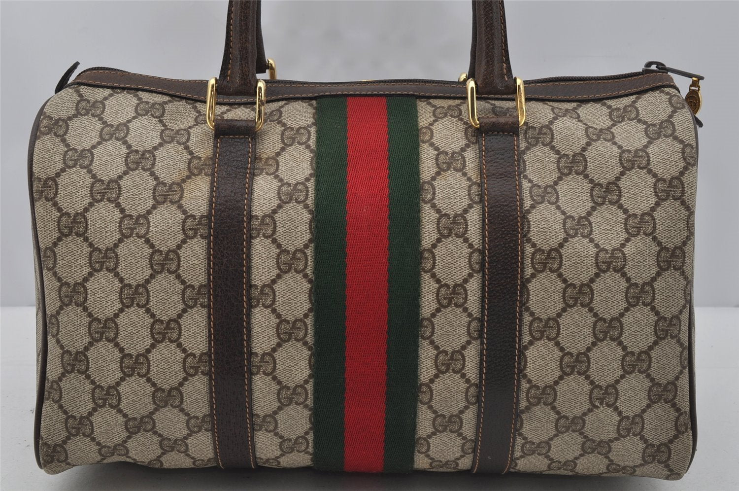 Authentic GUCCI Web Sherry Line Hand Boston Bag GG PVC Leather Brown Junk 0825J