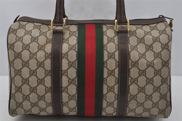 Authentic GUCCI Web Sherry Line Hand Boston Bag GG PVC Leather Brown Junk 0825J