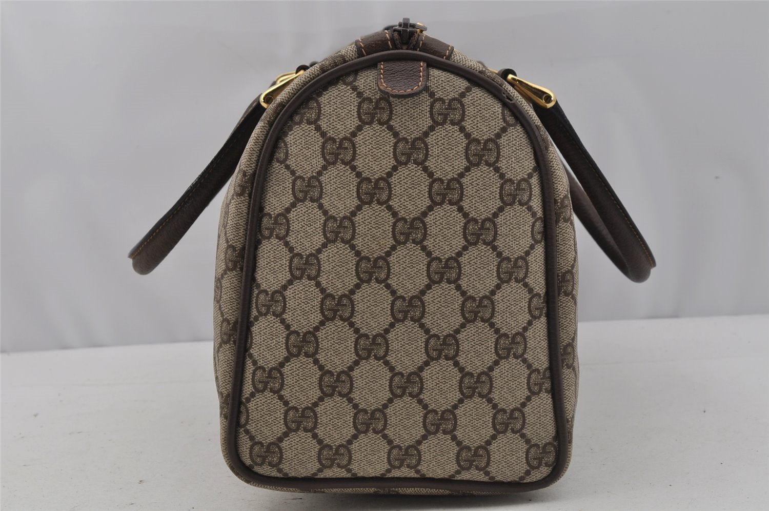 Authentic GUCCI Web Sherry Line Hand Boston Bag GG PVC Leather Brown Junk 0825J