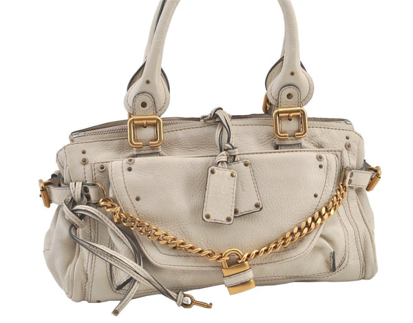 Authentic Chloe Vintage Paddington Leather Shoulder Hand Bag White 0827K