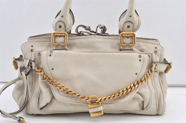 Authentic Chloe Vintage Paddington Leather Shoulder Hand Bag White 0827K