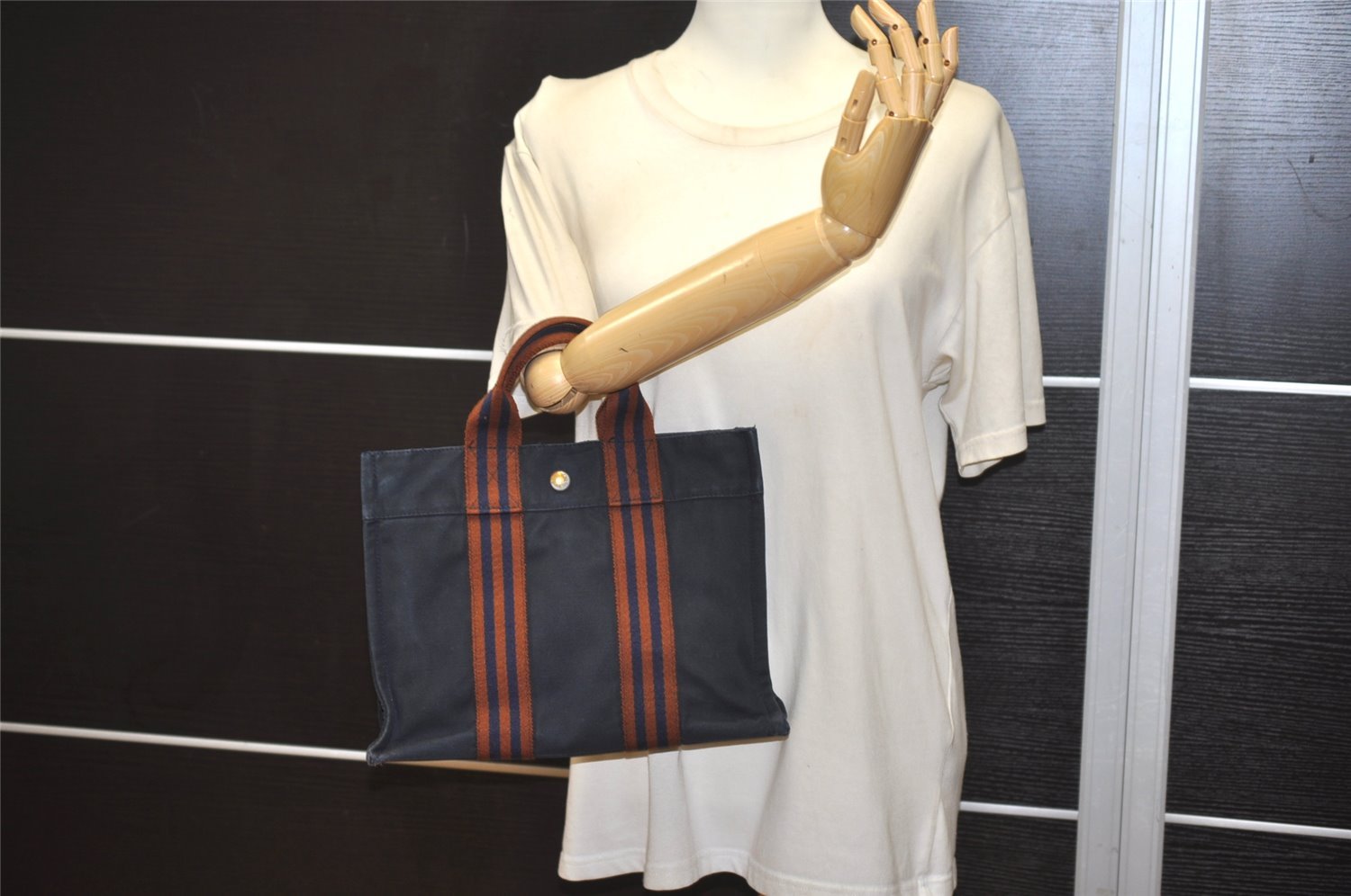 Authentic HERMES Vintage Fourre Tout PM Hand Tote Bag Canvas Navy 0831K