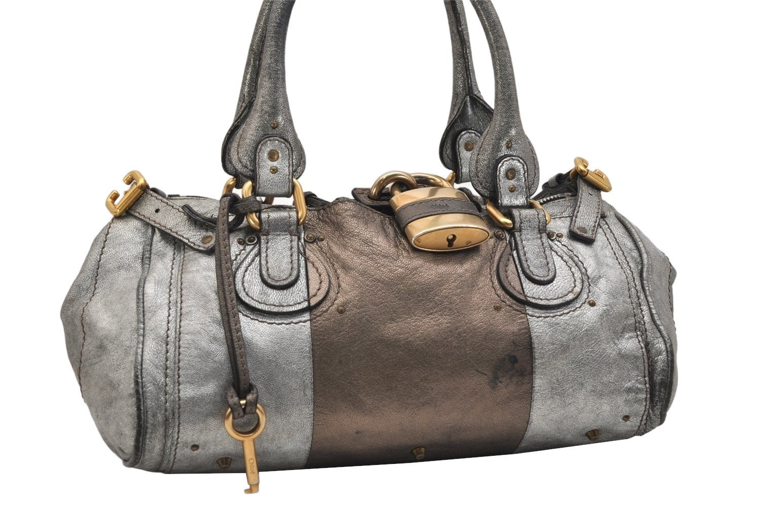 Authentic Chloe Vintage Paddington Leather Shoulder Hand Bag Silver 0832K