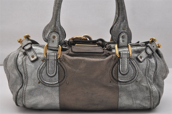 Authentic Chloe Vintage Paddington Leather Shoulder Hand Bag Silver 0832K