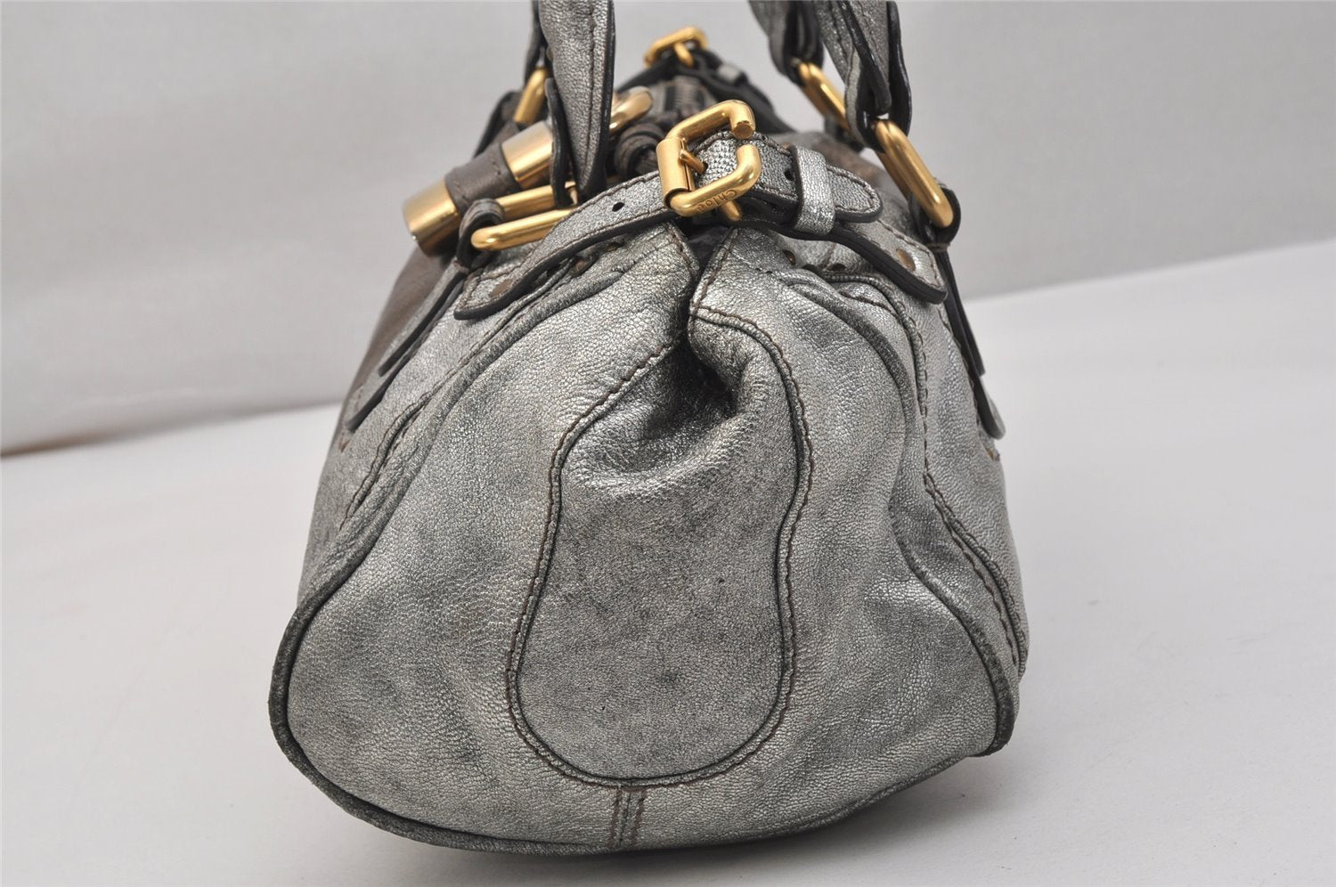 Authentic Chloe Vintage Paddington Leather Shoulder Hand Bag Silver 0832K