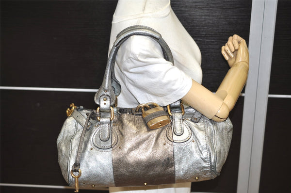 Authentic Chloe Vintage Paddington Leather Shoulder Hand Bag Silver 0832K