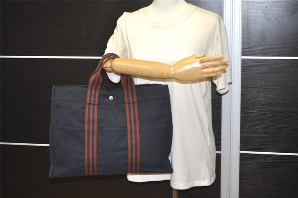 Authentic HERMES Fourre Tout MM Hand Tote Bag Canvas Navy 0836J