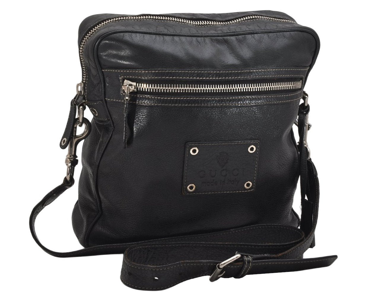 Authentic GUCCI Crest Shoulder Cross Body Bag Purse Leather 201451 Black 0836K