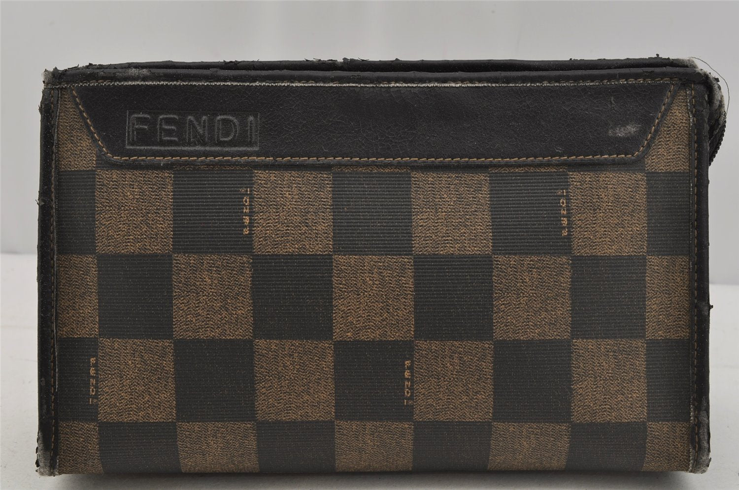 Authentic FENDI Pequin Check Clutch Hand Bag PVC Leather Brown Black Junk 0839J