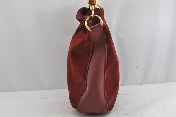 Authentic GUCCI Bamboo 2Way Shoulder Hand Bag Suede Leather Bordeaux Junk 0842K