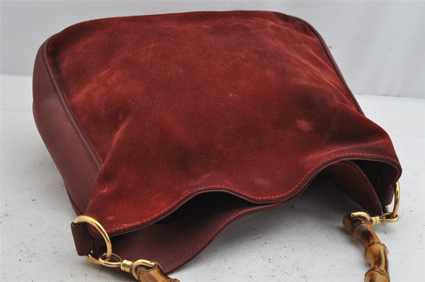 Authentic GUCCI Bamboo 2Way Shoulder Hand Bag Suede Leather Bordeaux Junk 0842K