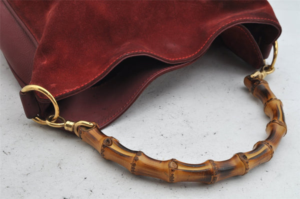 Authentic GUCCI Bamboo 2Way Shoulder Hand Bag Suede Leather Bordeaux Junk 0842K