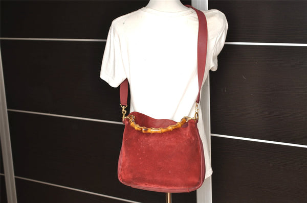 Authentic GUCCI Bamboo 2Way Shoulder Hand Bag Suede Leather Bordeaux Junk 0842K