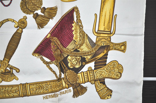 Authentic HERMES Carre 90 Scarf "GRAND UNIFORME" Silk White 0844J