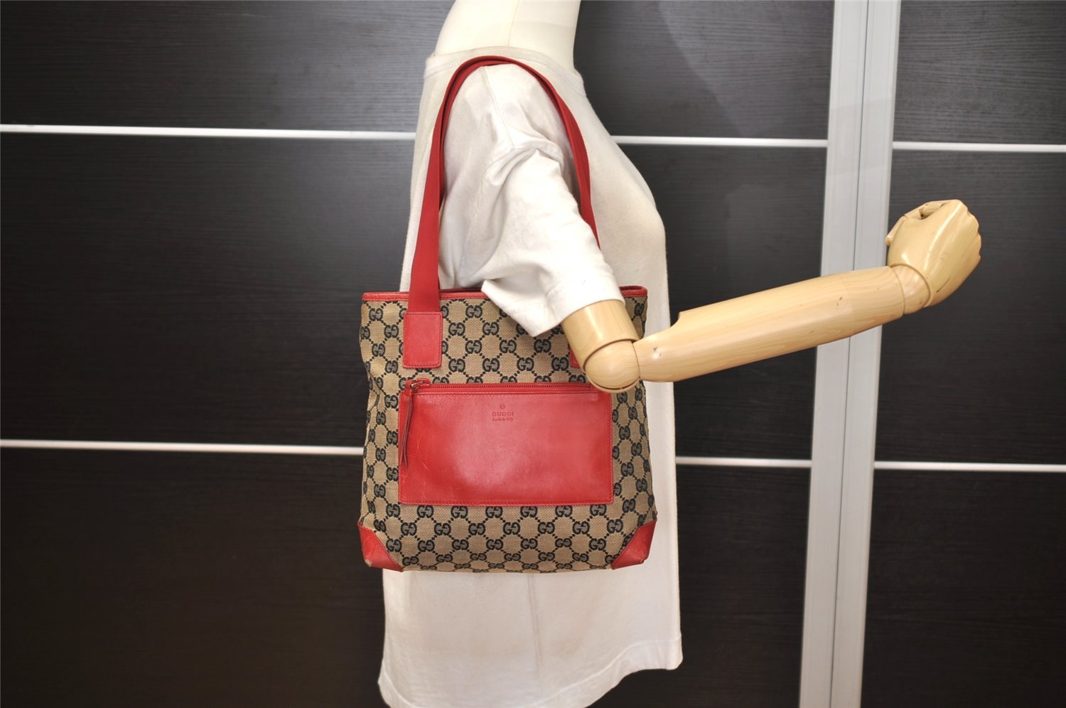 Authentic GUCCI Shoulder Tote Bag GG Canvas Leather 0190402 Black Red 0844K