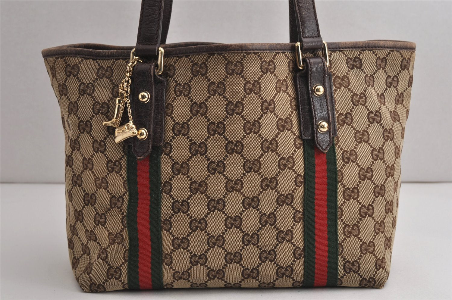 Authentic GUCCI Web Sherry Line Tote Bag GG Canvas Leather 137396 Brown 0845K