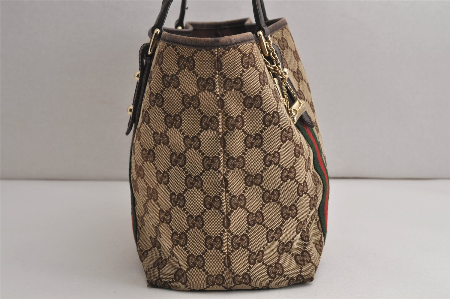 Authentic GUCCI Web Sherry Line Tote Bag GG Canvas Leather 137396 Brown 0845K