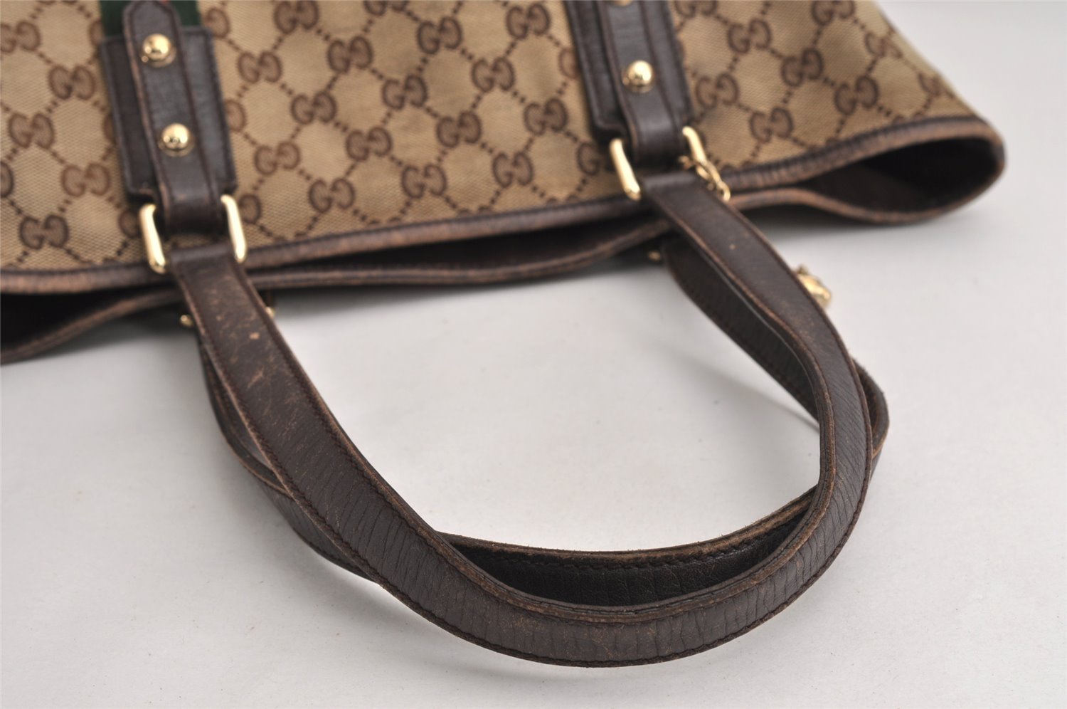 Authentic GUCCI Web Sherry Line Tote Bag GG Canvas Leather 137396 Brown 0845K