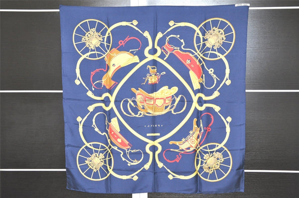 Authentic HERMES Carre 90 Scarf "SPRINGS" Silk Navy 0850J