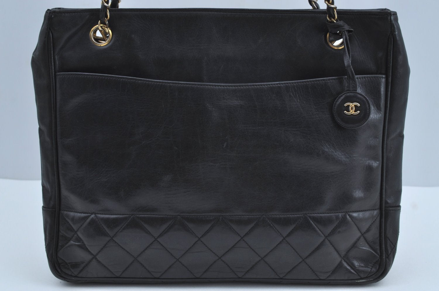 Authentic CHANEL Calf Skin Matelasse Chain Shoulder Tote Bag Black CC 0851I