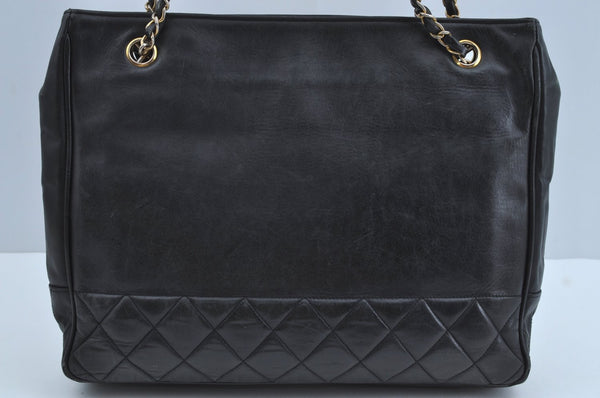 Authentic CHANEL Calf Skin Matelasse Chain Shoulder Tote Bag Black CC 0851I