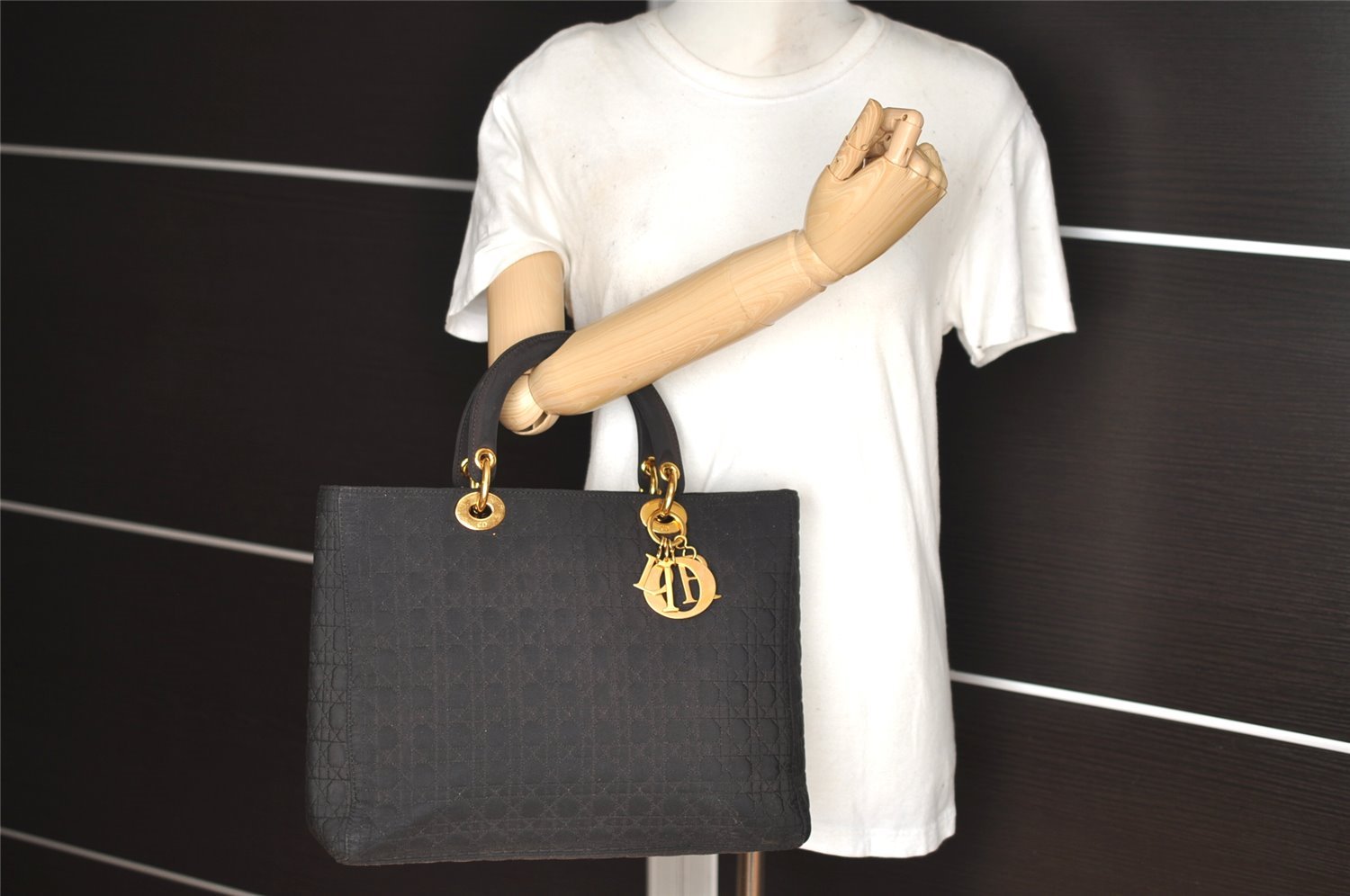 Authentic Christian Dior Lady Dior Cannage Canvas Hand Bag Black CD Junk 0853I