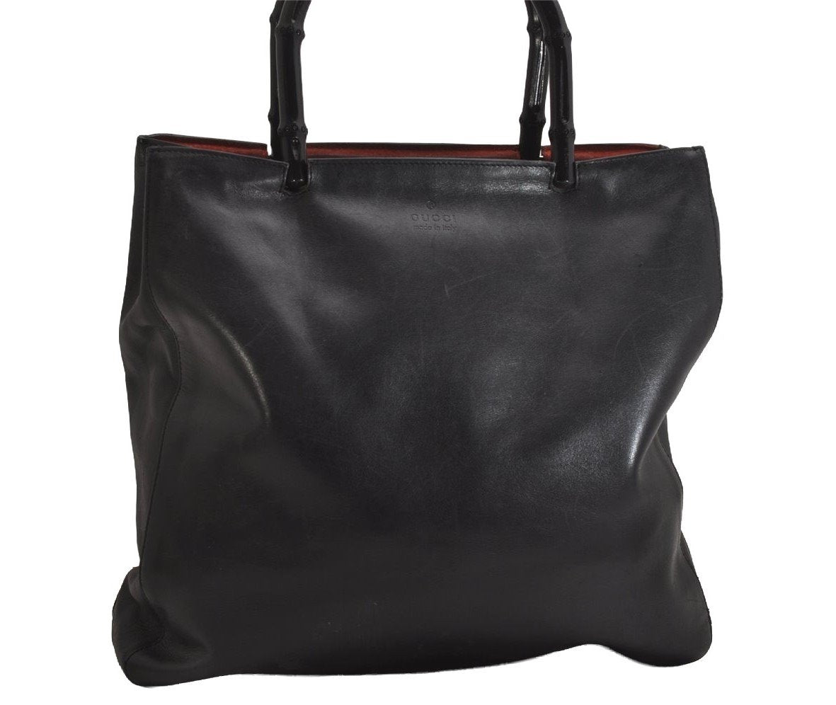 Authentic GUCCI Vintage Bamboo Shoulder Hand Bag Leather Black 0857J